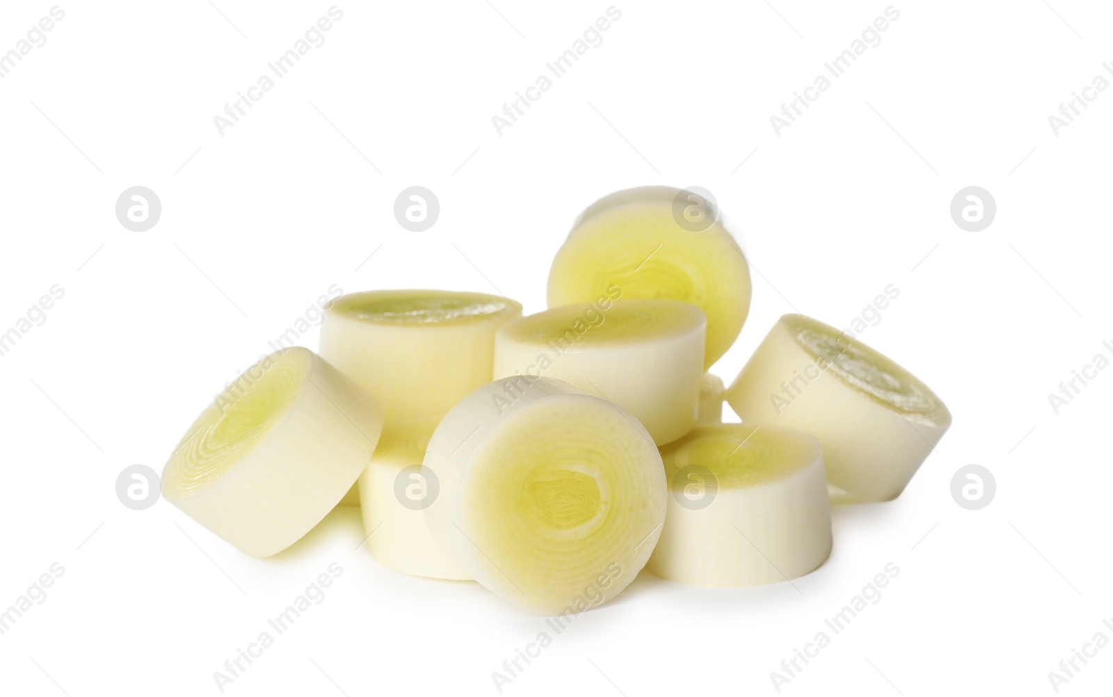 Photo of Fresh raw leek slices on white background