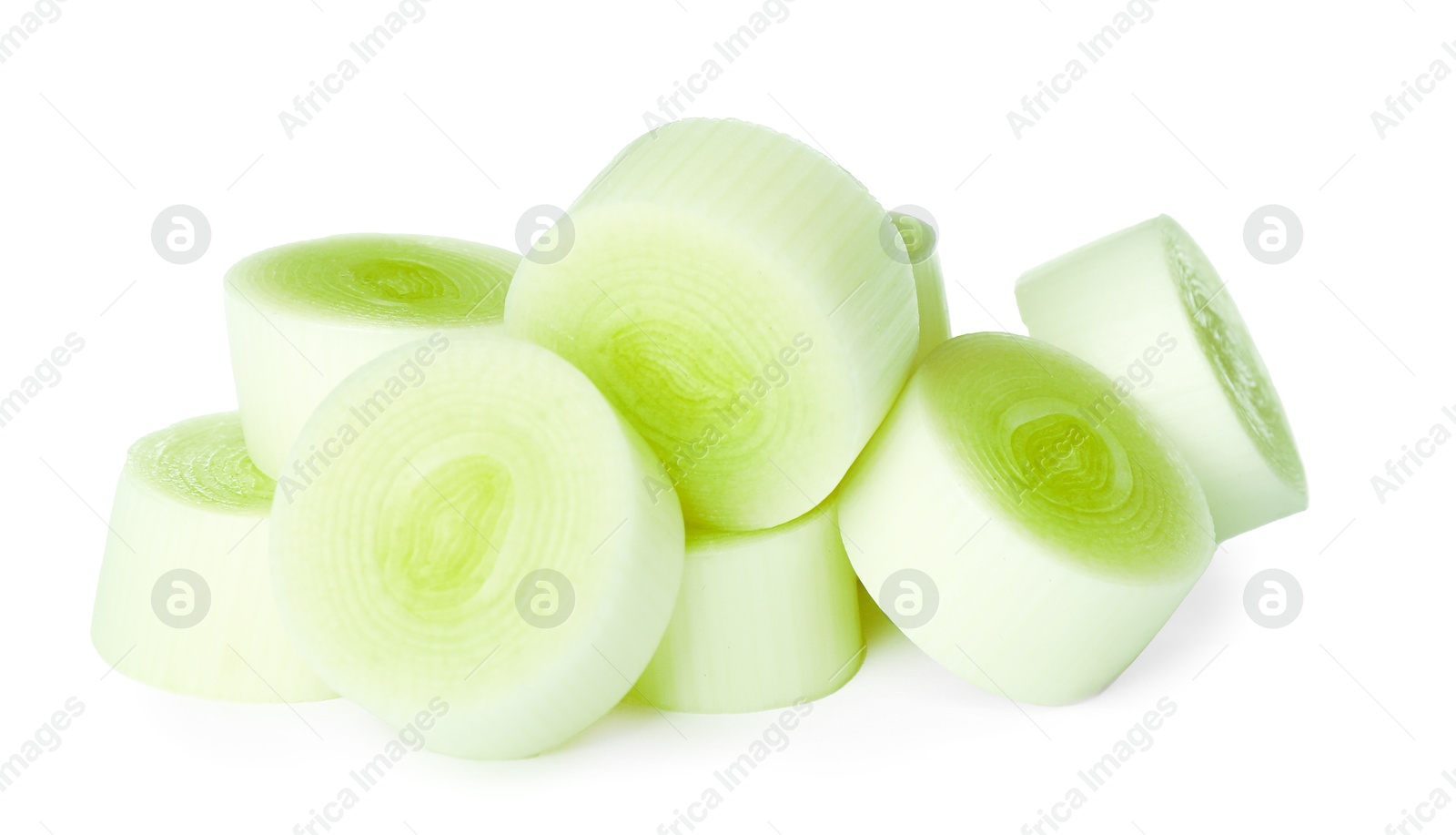 Photo of Fresh raw leek slices on white background