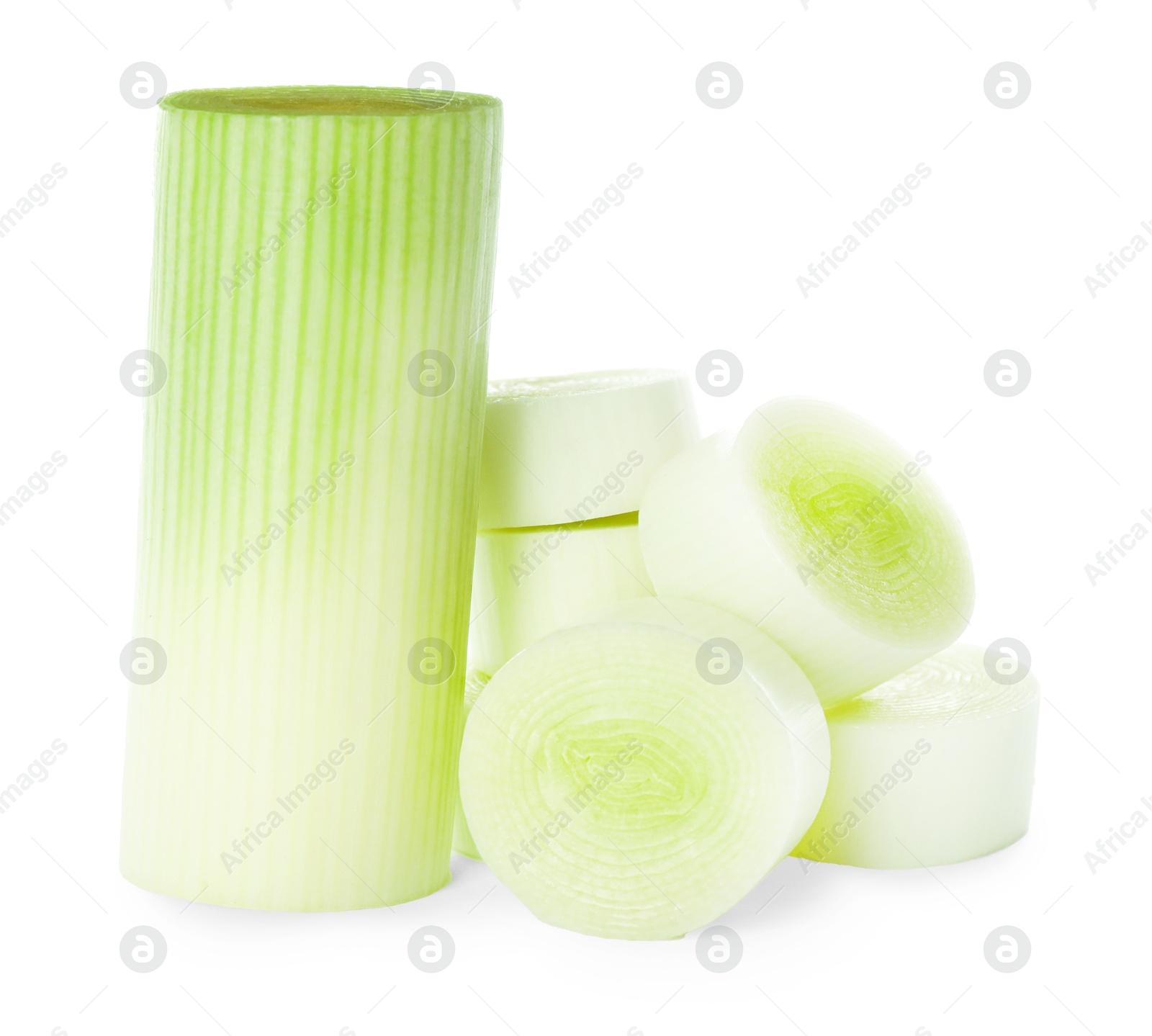 Photo of Cut fresh raw leek on white background