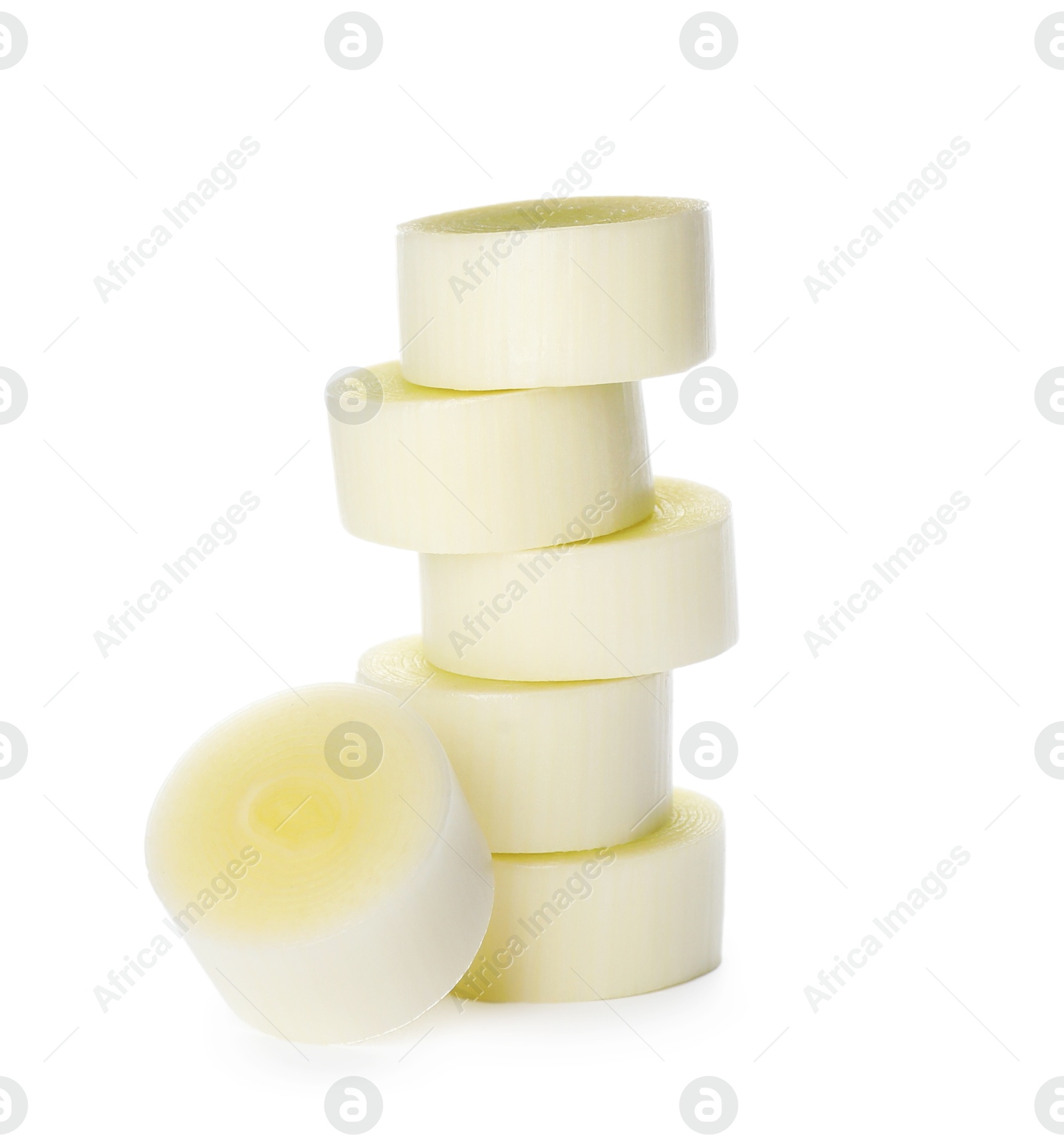 Photo of Fresh raw leek slices on white background