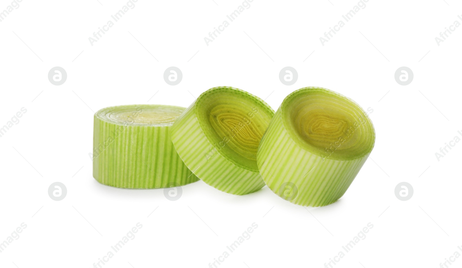 Photo of Fresh raw leek slices on white background