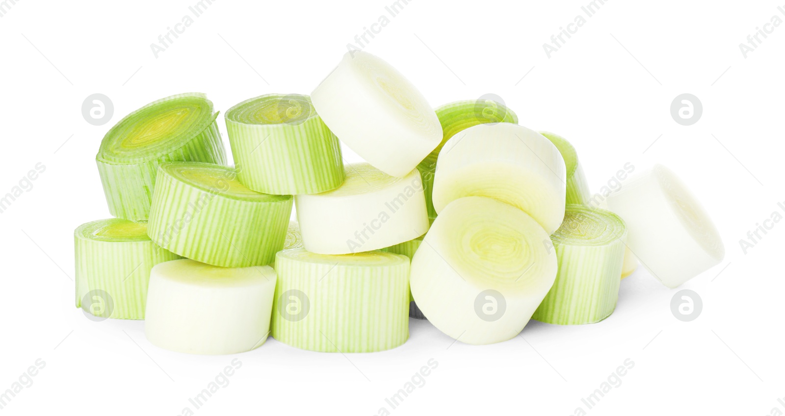 Photo of Fresh raw leek slices on white background