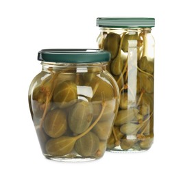 Photo of Capers in glass jars isolated on white