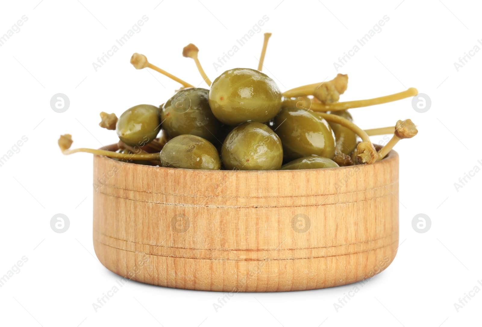 Photo of Capers in wooden bowl isolated on white