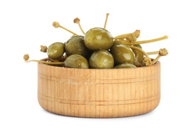 Capers in wooden bowl isolated on white