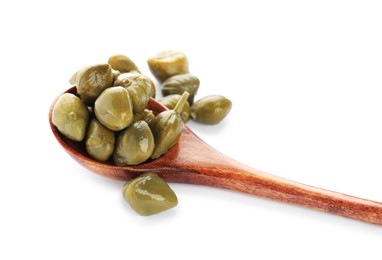 Photo of Wooden spoon and capers on white background