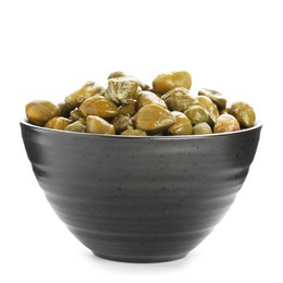 Photo of Many capers in bowl isolated on white