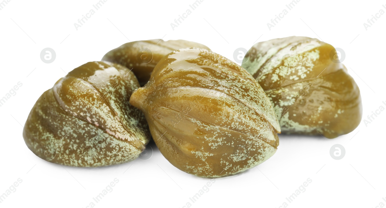 Photo of Pile of delicious pickled capers on white background