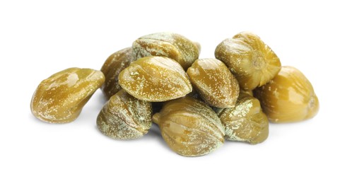 Photo of Pile of delicious pickled capers on white background