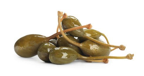 Photo of Pile of delicious pickled capers on white background