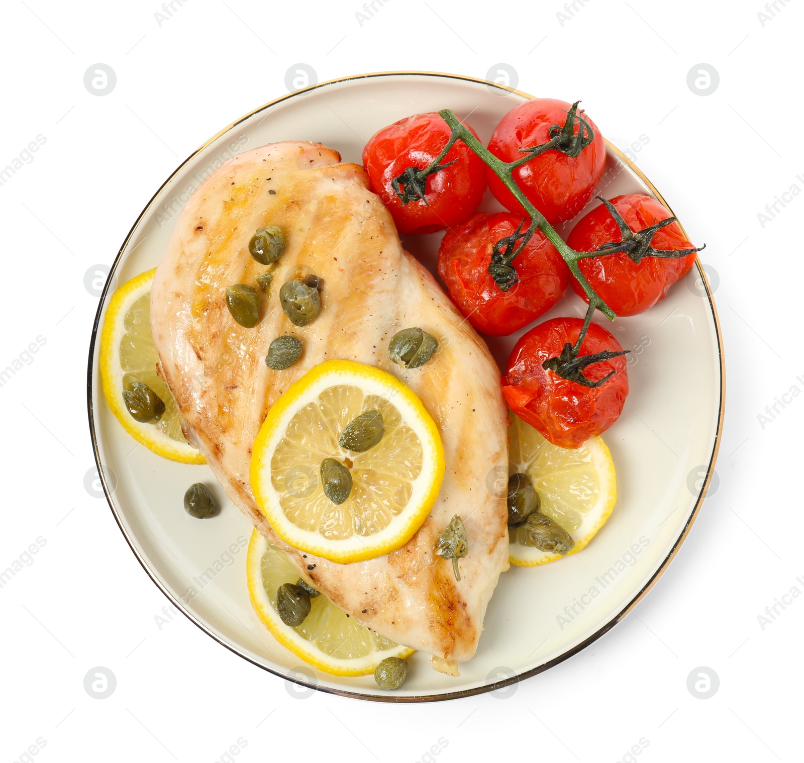 Photo of Delicious cooked chicken fillet with capers, tomatoes and lemon on white background, top view