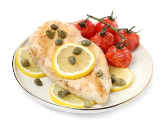 Photo of Delicious cooked chicken fillet with capers, tomatoes and lemon on white background