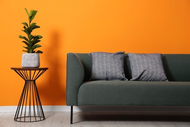 Photo of Stylish sofa with cushions and plant on side table near orange wall