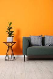 Photo of Stylish sofa with cushions and plant on side table near orange wall