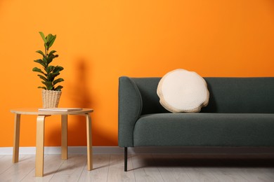 Photo of Stylish sofa with cushion, plant and book on coffee table near orange wall