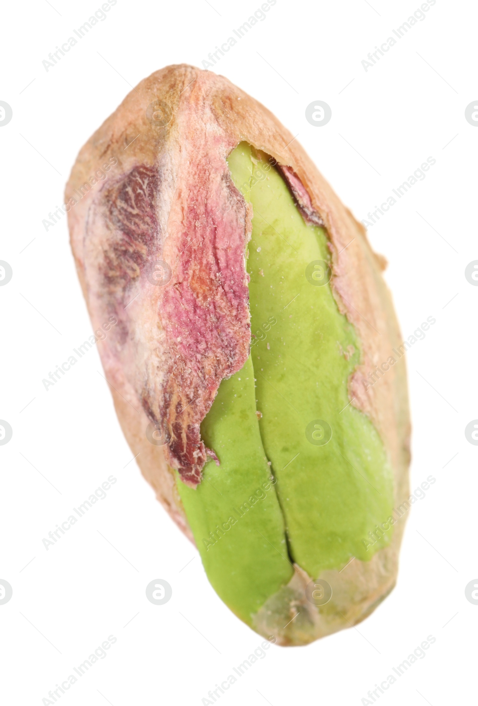 Photo of One peeled pistachio nut isolated on white