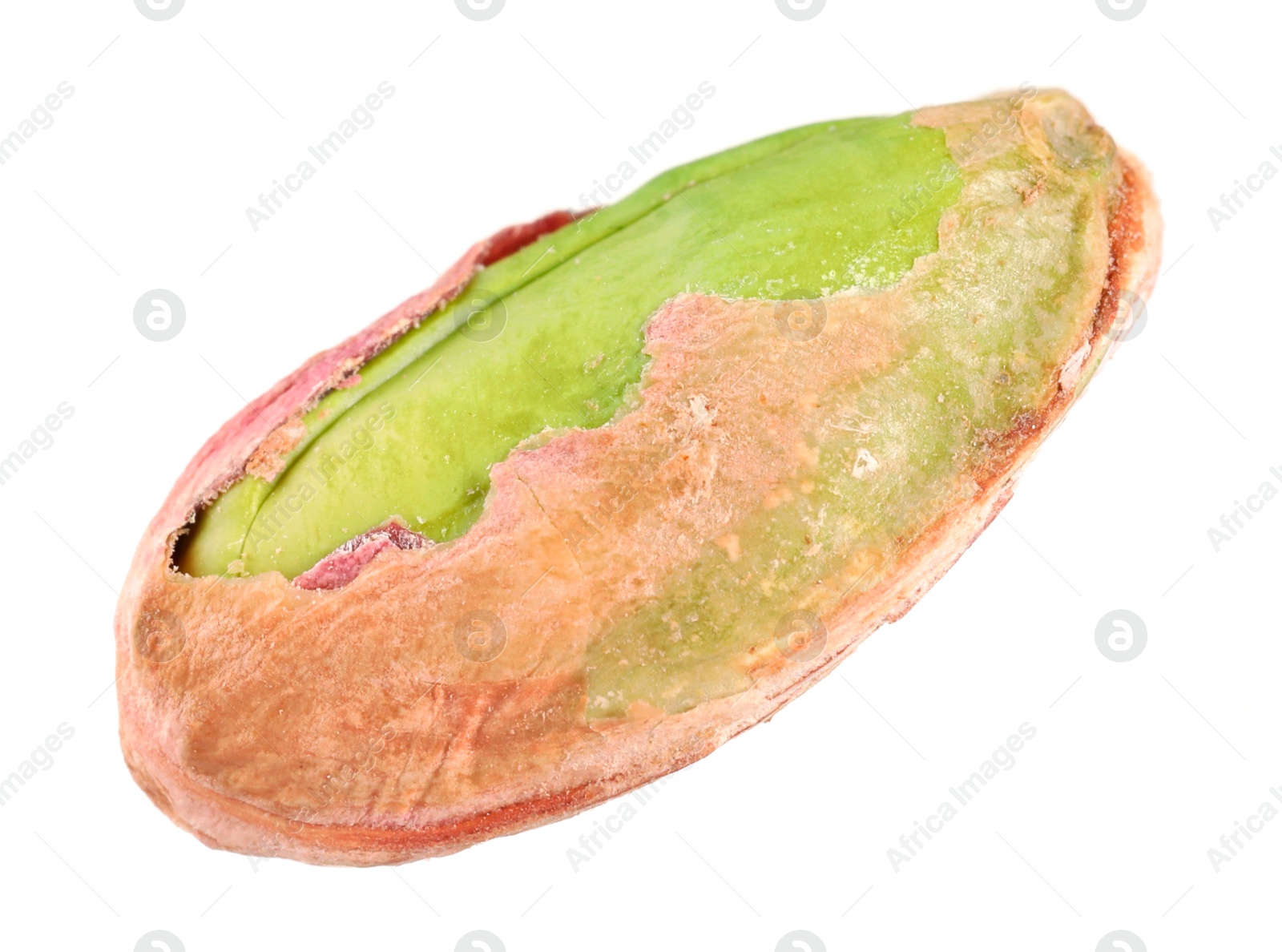 Photo of One peeled pistachio nut isolated on white