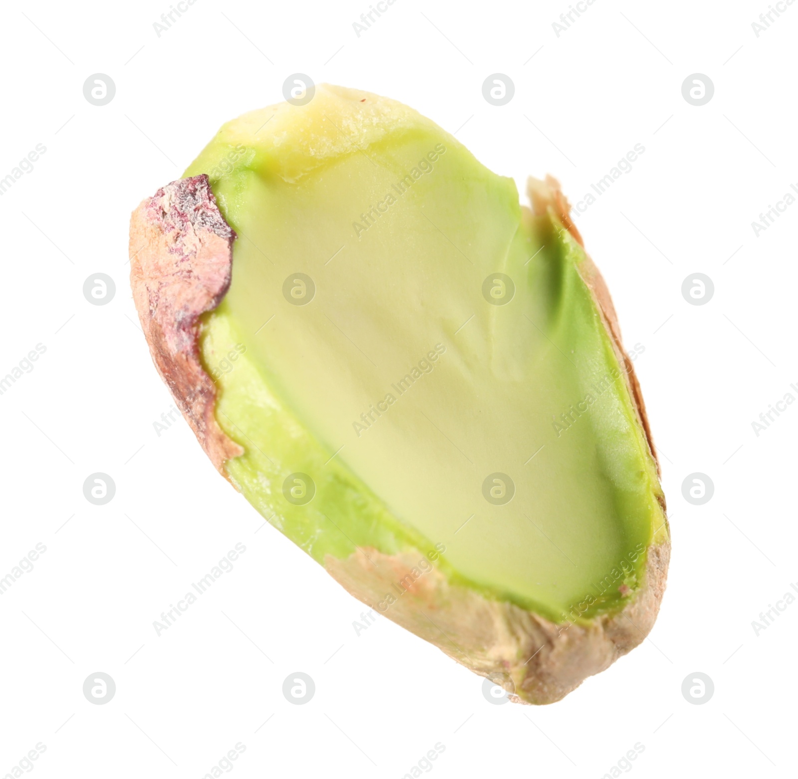 Photo of Half of peeled pistachio nut isolated on white