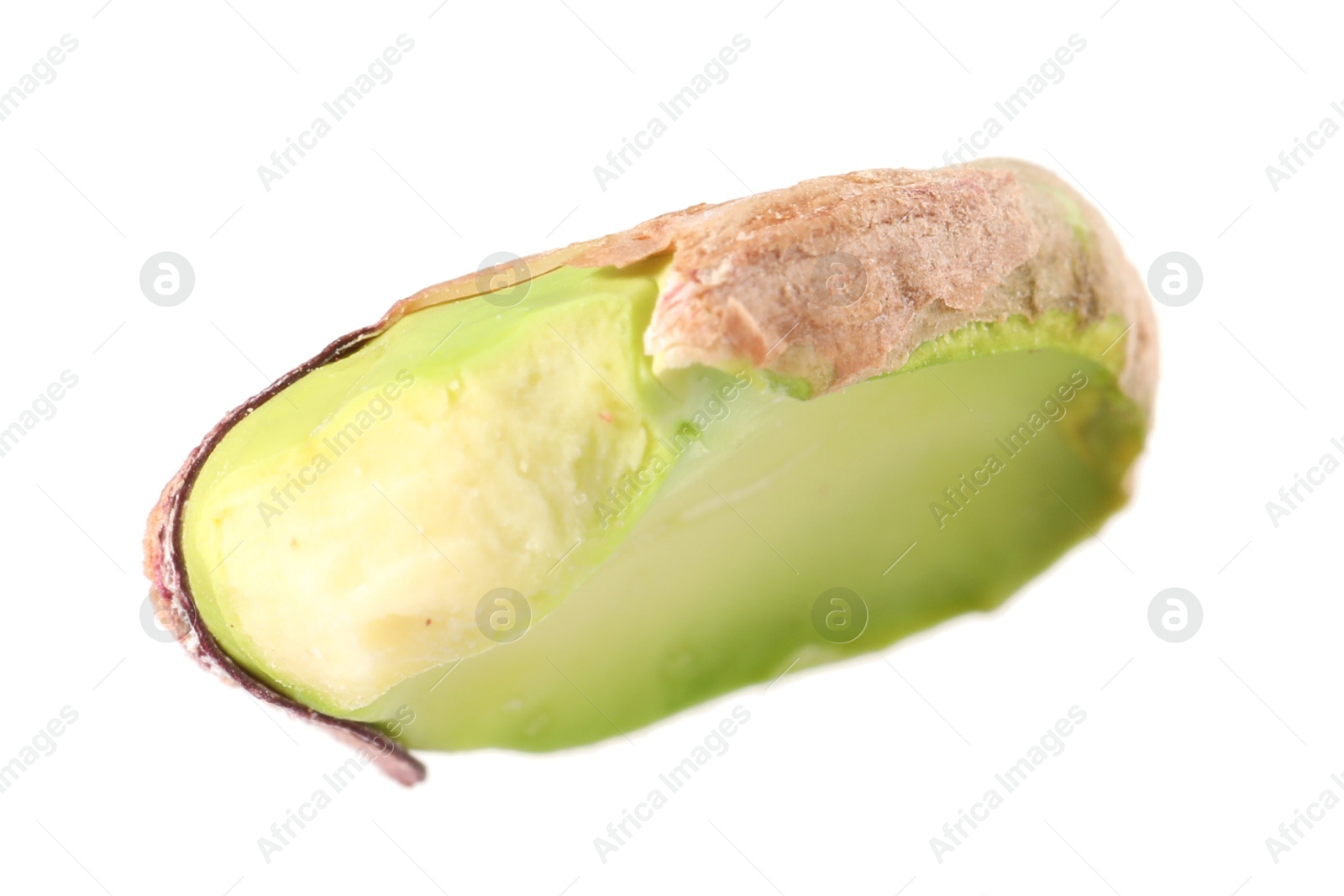 Photo of Half of peeled pistachio nut isolated on white