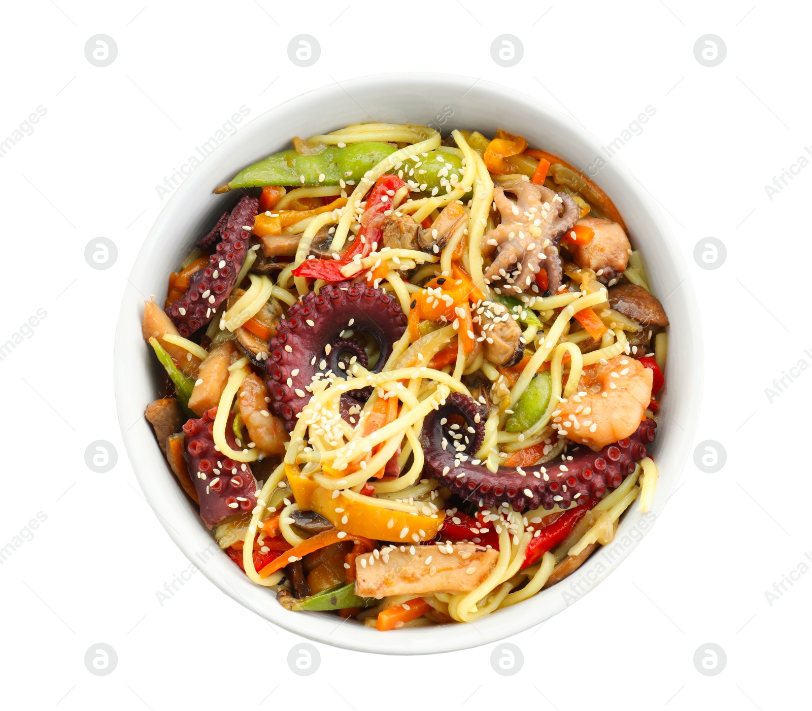 Photo of Stir-fry noodles with sea food in bowl isolated on white, top view