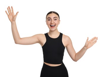 Photo of Beautiful woman in sportswear running on white background