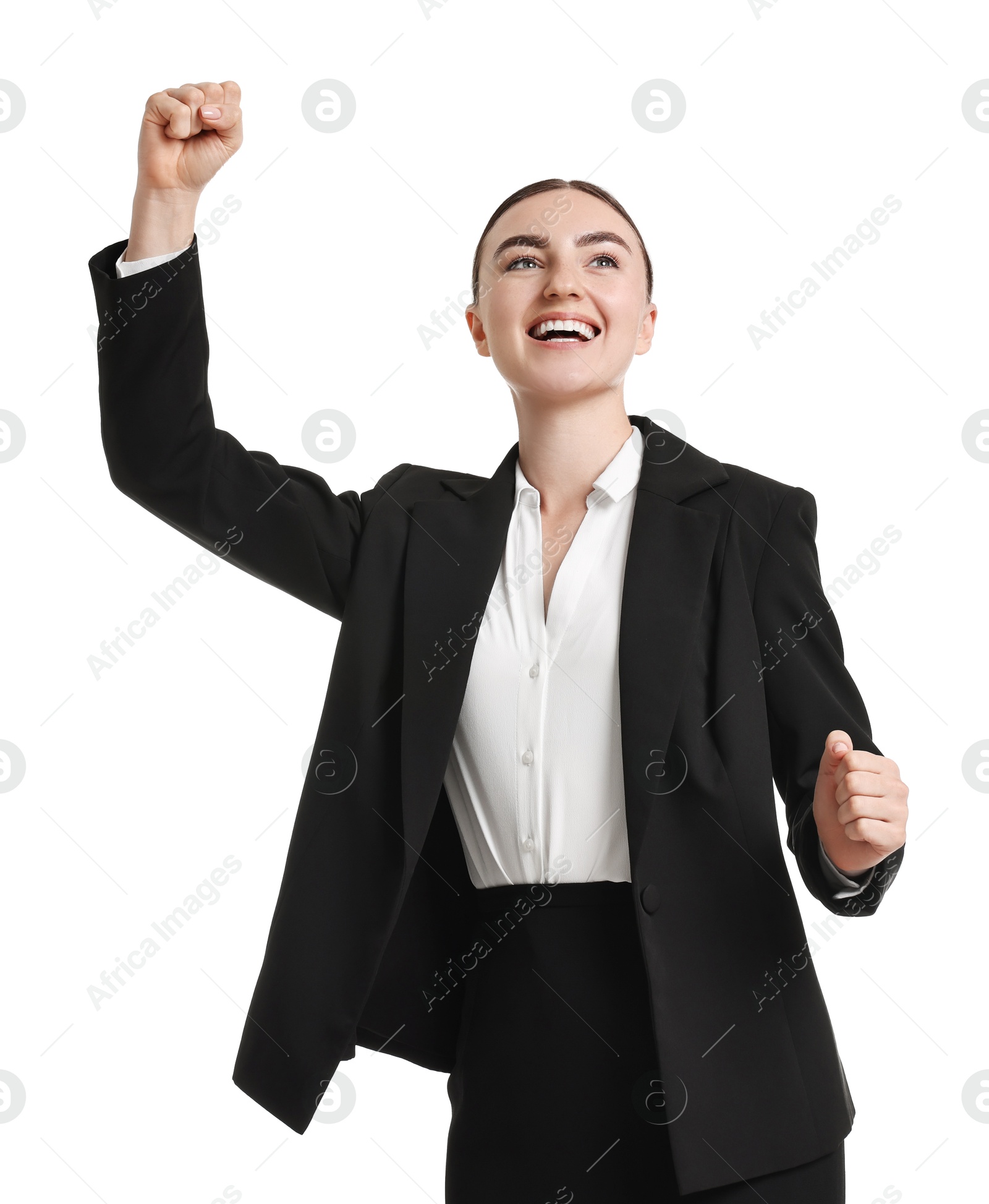 Photo of Young businesswoman in suit running on white background