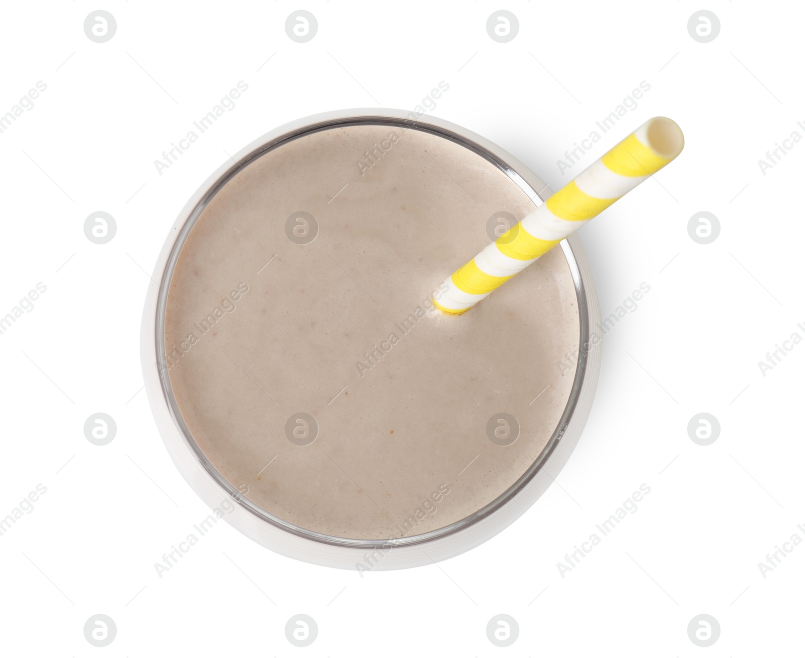 Photo of Delicious protein shake in glass isolated on white, top view