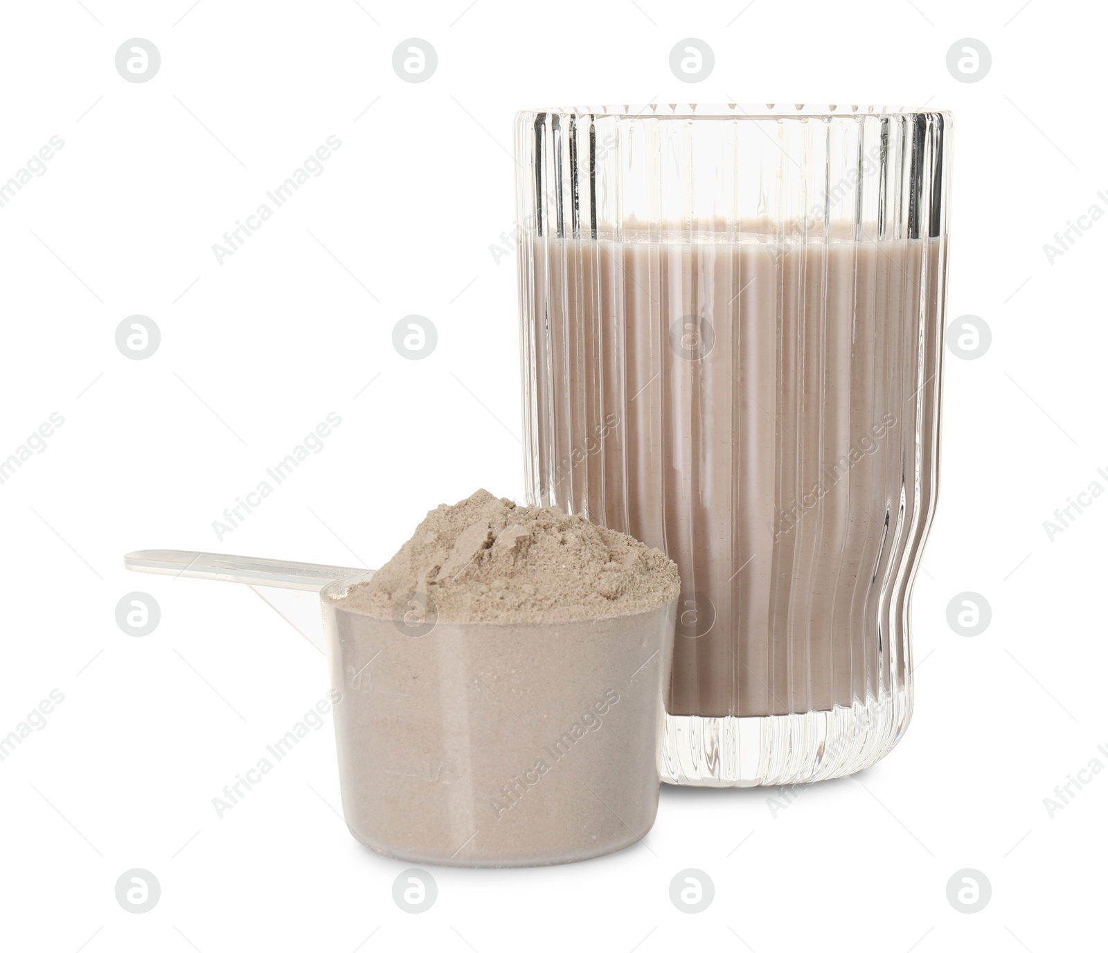 Photo of Delicious protein shake in glass and scoop with powder isolated on white