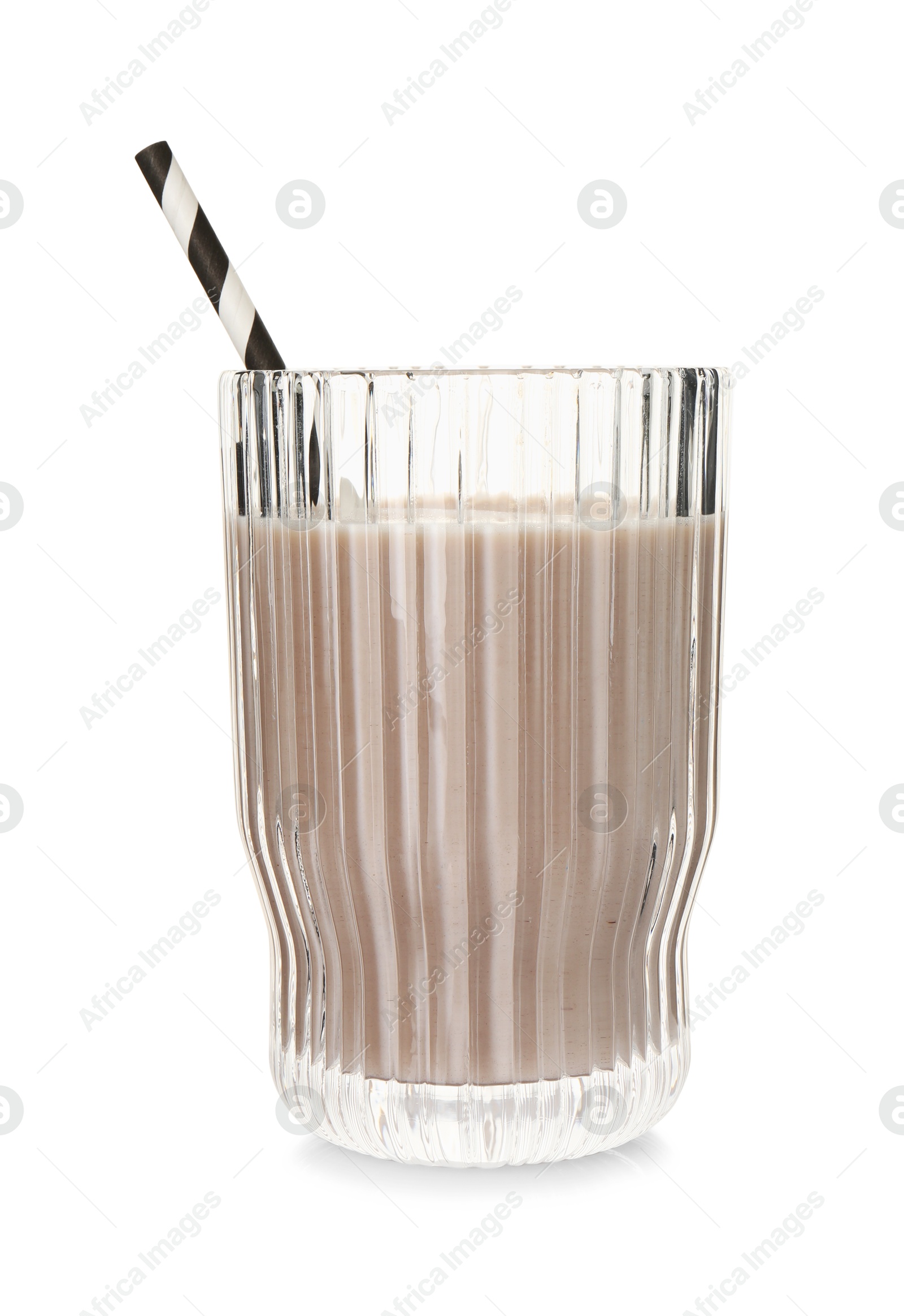 Photo of Delicious protein shake in glass isolated on white