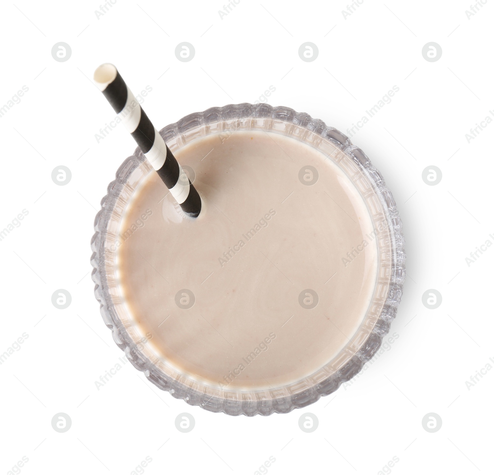 Photo of Delicious protein shake in glass isolated on white, top view