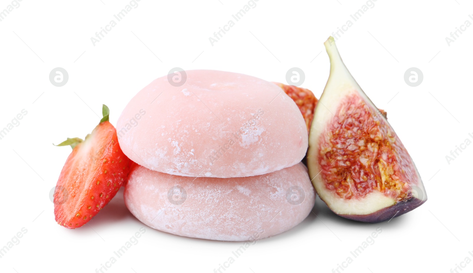 Photo of Delicious mochi, strawberry and fig isolated on white