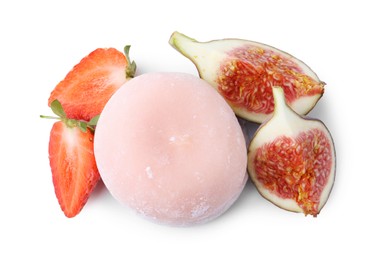 Delicious mochi, strawberry and fig isolated on white, top view