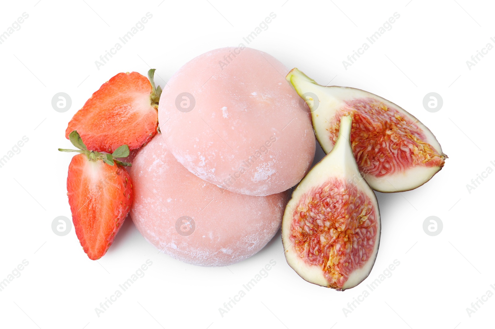 Photo of Delicious mochi, strawberry and fig isolated on white, top view