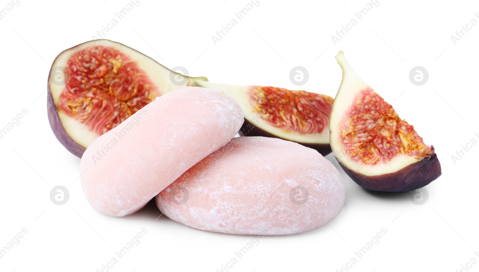 Photo of Delicious strawberry mochi and figs isolated on white