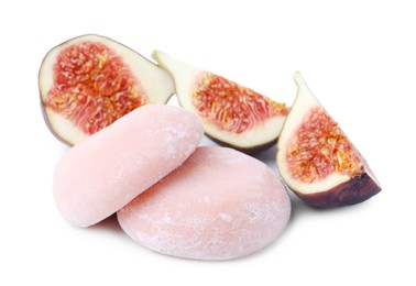 Photo of Delicious strawberry mochi and figs isolated on white