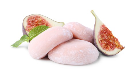 Photo of Delicious strawberry mochi, fig and mint isolated on white