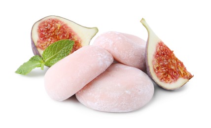 Photo of Delicious strawberry mochi, fig and mint isolated on white