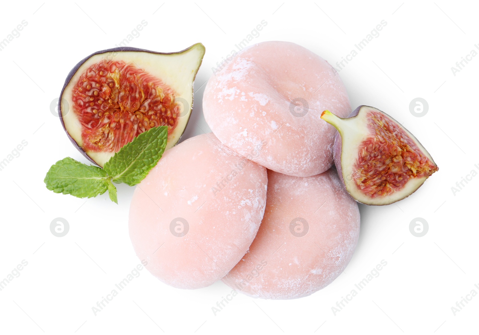 Photo of Delicious strawberry mochi, fig and mint isolated on white, top view