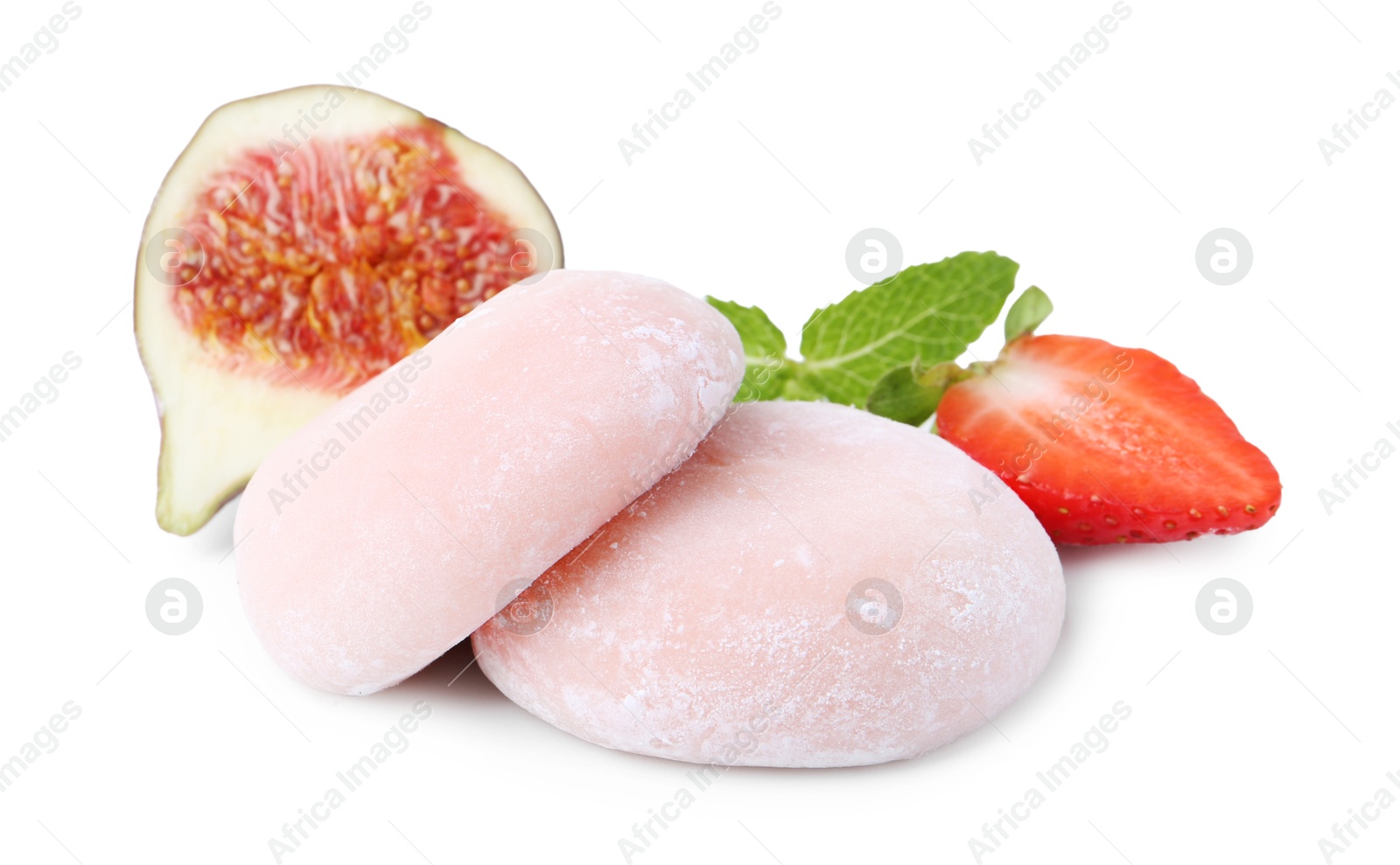 Photo of Delicious mochi, strawberry, fig and mint isolated on white