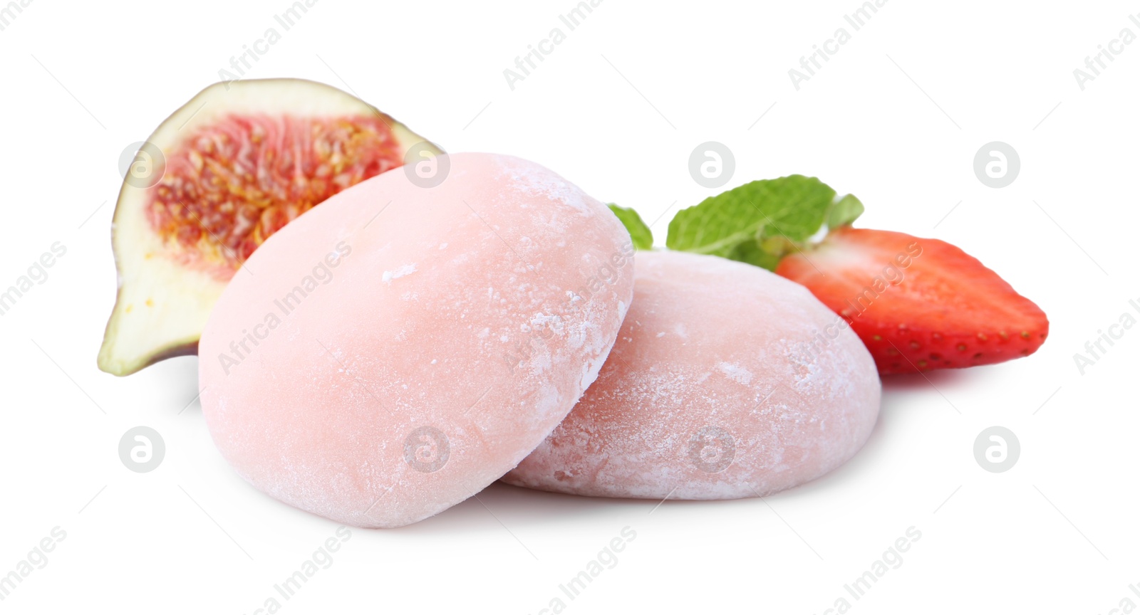 Photo of Delicious mochi, strawberry, fig and mint isolated on white