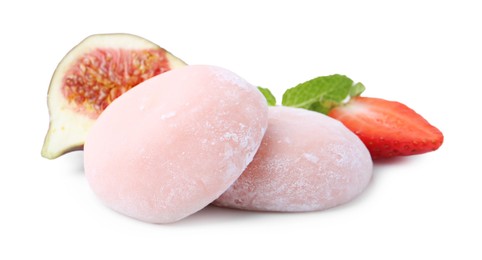 Delicious mochi, strawberry, fig and mint isolated on white