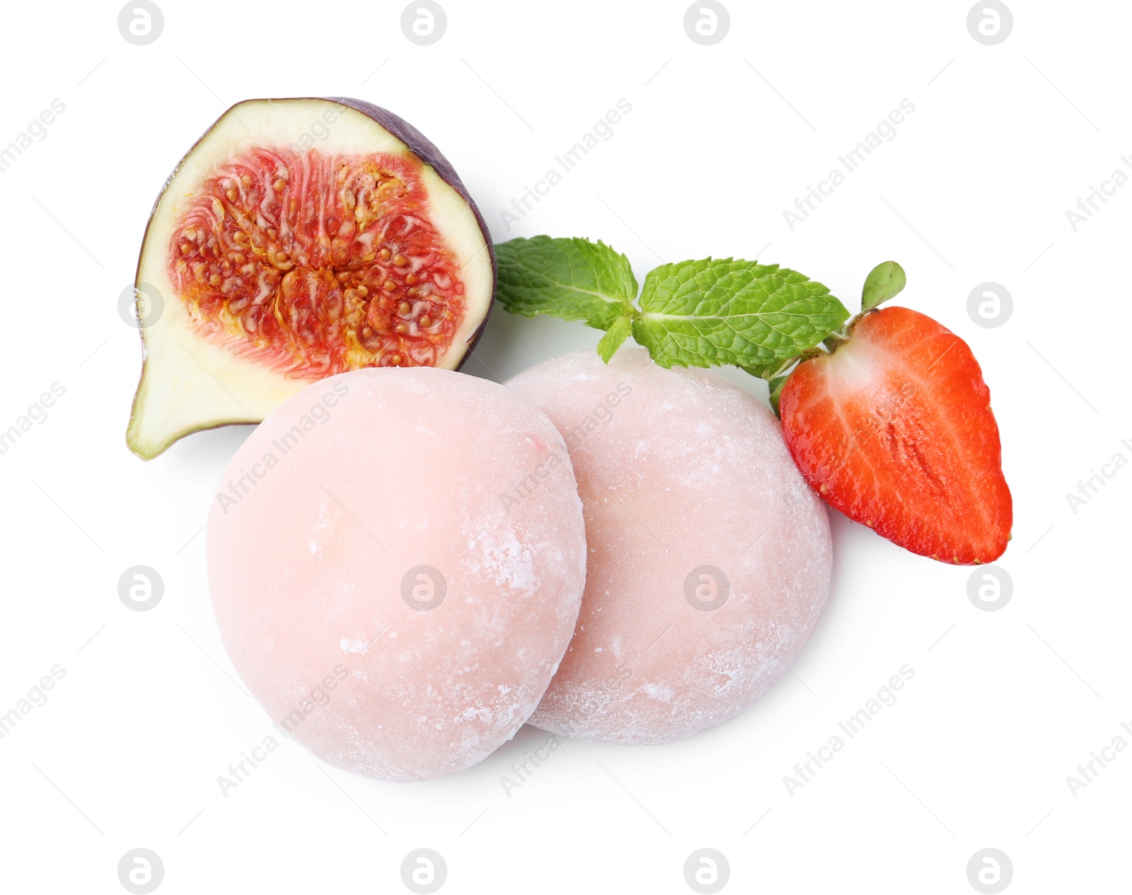 Photo of Delicious mochi, strawberry, fig and mint isolated on white, top view