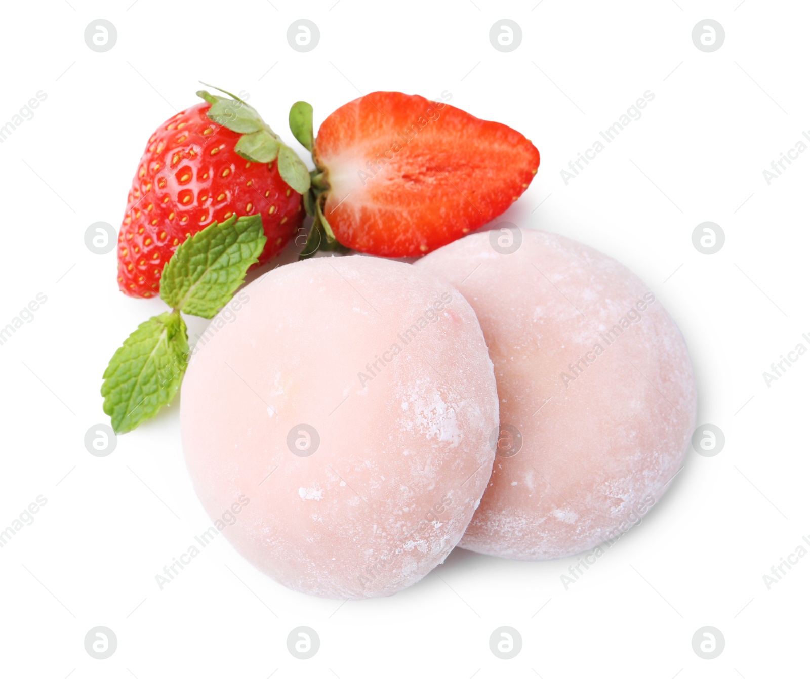 Photo of Delicious mochi, strawberries and mint isolated on white, top view