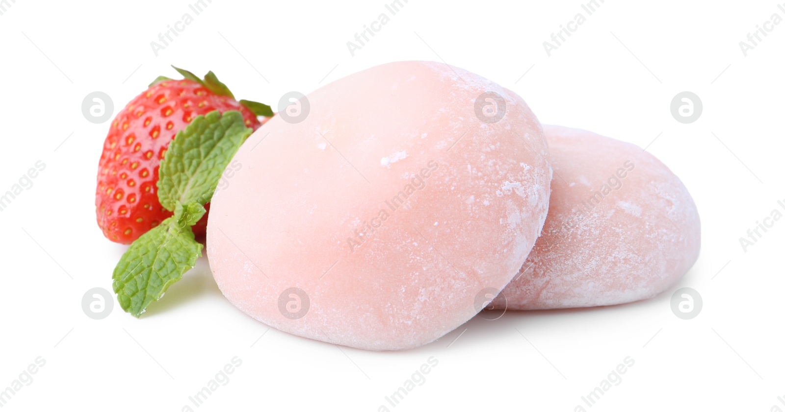 Photo of Delicious mochi, strawberry and mint isolated on white