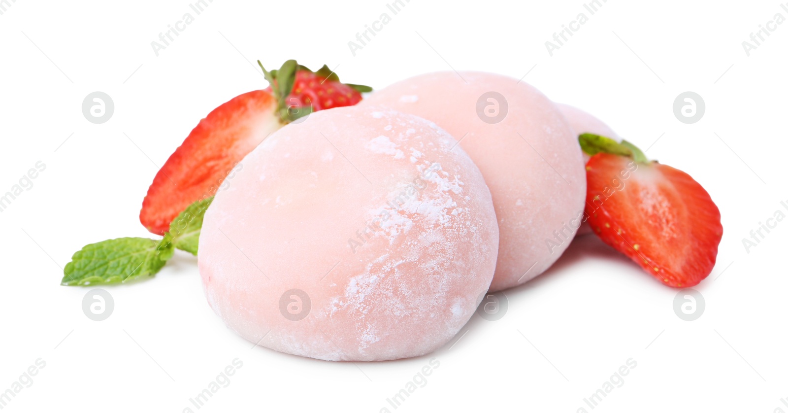 Photo of Delicious mochi, strawberries and mint isolated on white