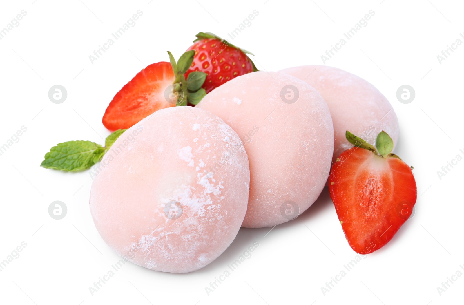 Photo of Delicious mochi, strawberries and mint isolated on white