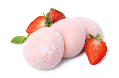 Photo of Delicious mochi, strawberries and mint isolated on white