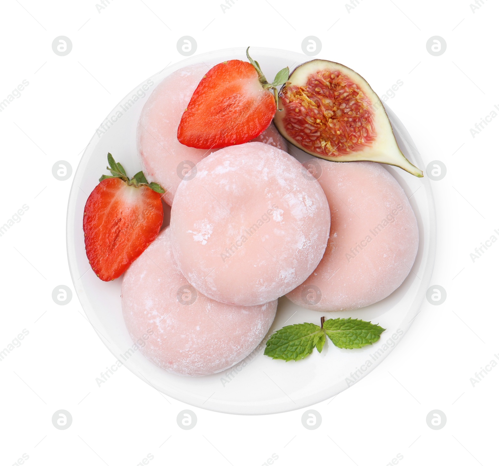 Photo of Delicious mochi, strawberries, fig and mint isolated on white, top view