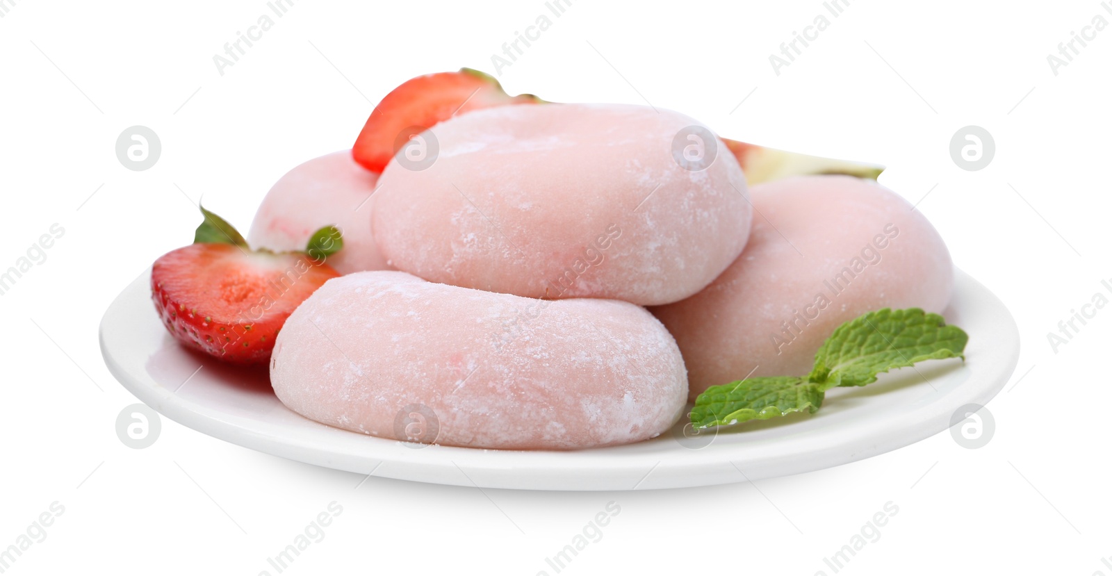 Photo of Delicious mochi, strawberries, fig and mint isolated on white