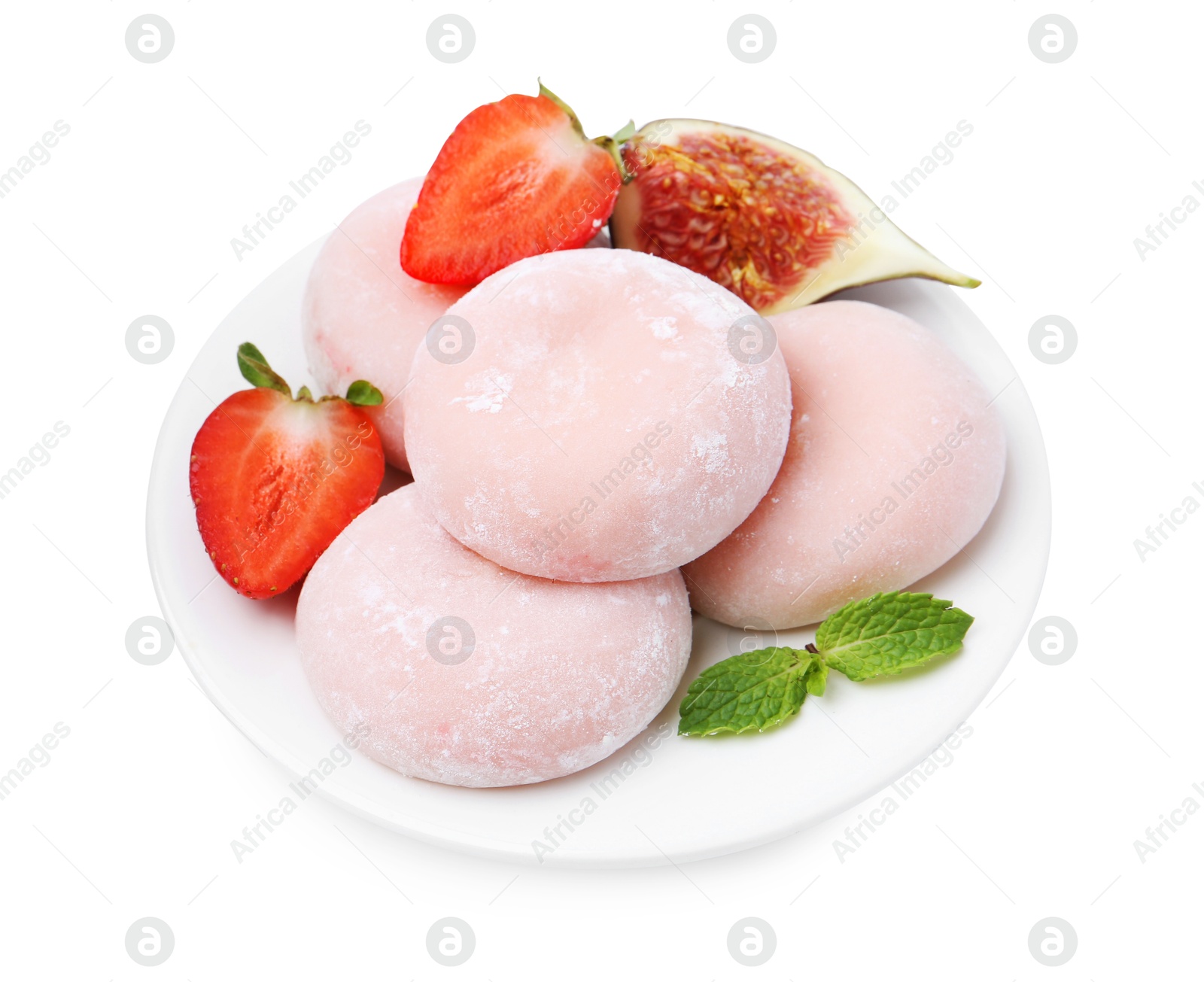 Photo of Delicious mochi, strawberries, fig and mint isolated on white